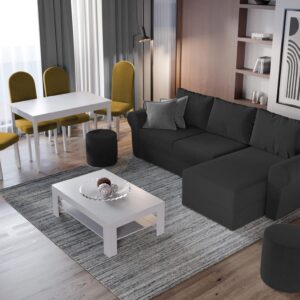 Pachet Mobila Coltar Bonito Gri Antracit + Masa Grand Alba + 4 Scaune Grand Mustar