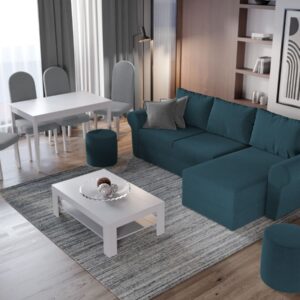 Pachet Mobila Coltar Bonito Turcoaz + Masa Grand Alba + 4 Scaune Grand Gri Deschis