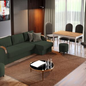 Pachet Mobila Coltar Morelia Verde + Masa Grand Stejar Auriu + 4 Scaune Grand Maro