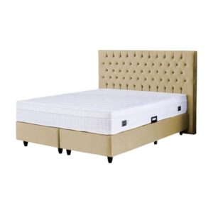 Set Pat tapitat CAMEL, 160×200 cm, lada depozitare, bej deschis + Saltea CROWN, cu arcuri, 160X200 cm, H 27 cm