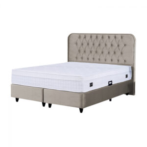 Set Pat tapitat CROWN, 160×200 cm, lada depozitare, bej + Saltea CROWN, cu arcuri, 160×200 cm, H 27 cm